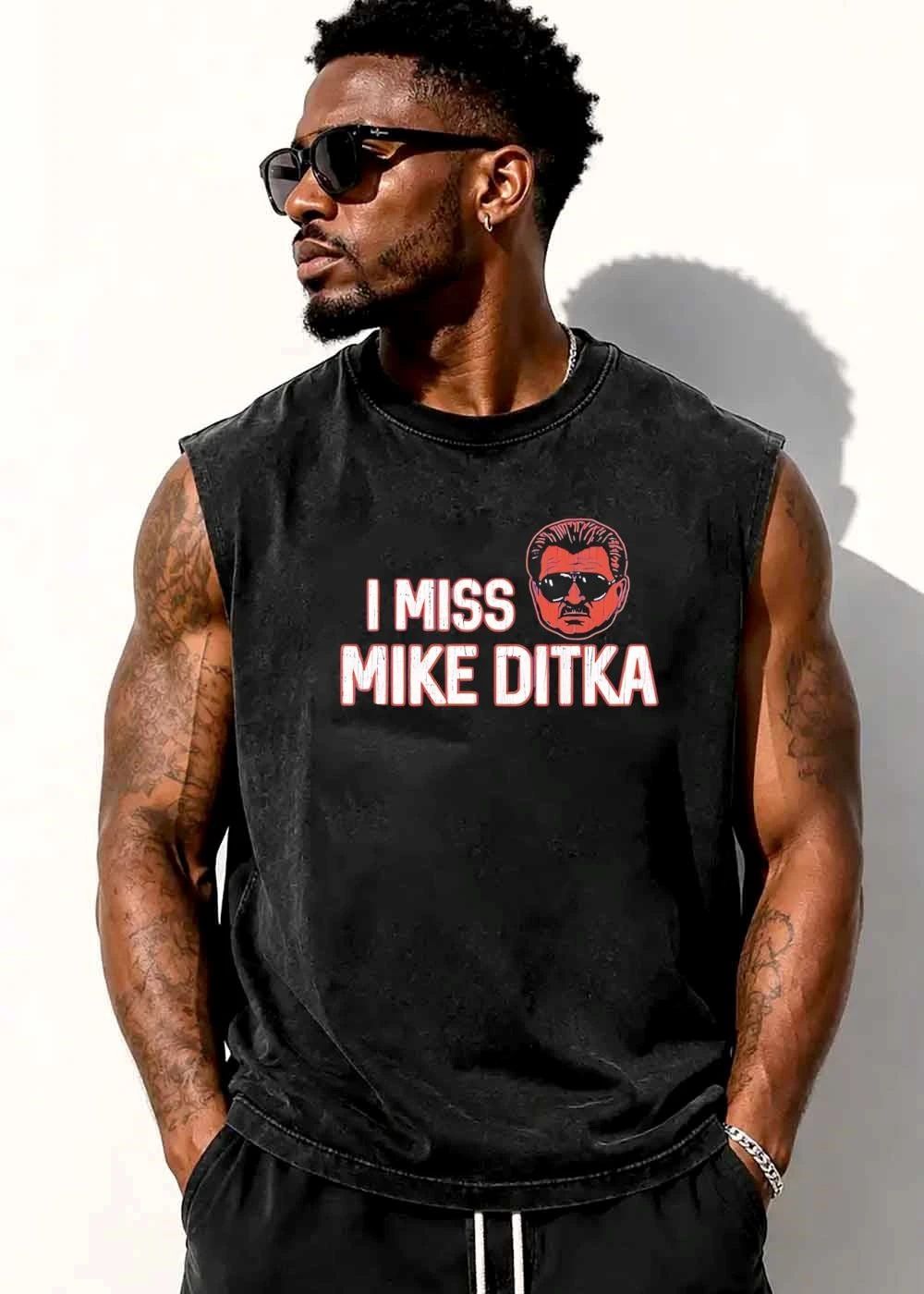 I Miss Mike Ditka Distressed Font Caricature Face Aviator Sunglasses Mustache shirt