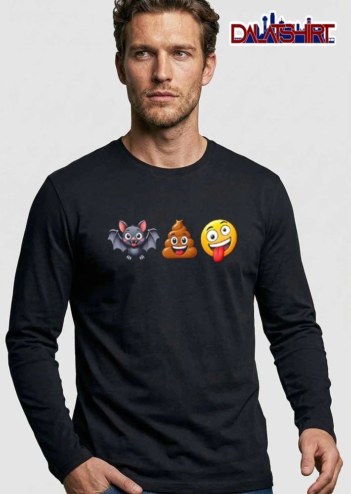 Cartoon Cute Black Bat Smiling Poop Pile Crazy Yellow Face Emoji shirt