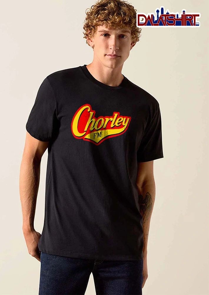 Chorley Fm Yellow Cursive Typography Red Layered Background shirt