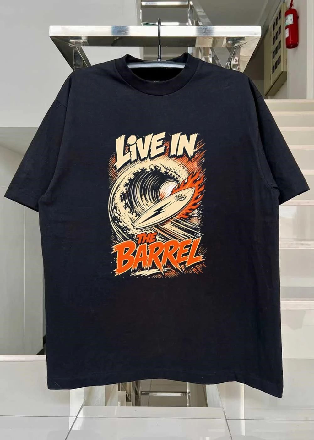 Surf Style Live in the Barrel Flaming Surfboard shirt