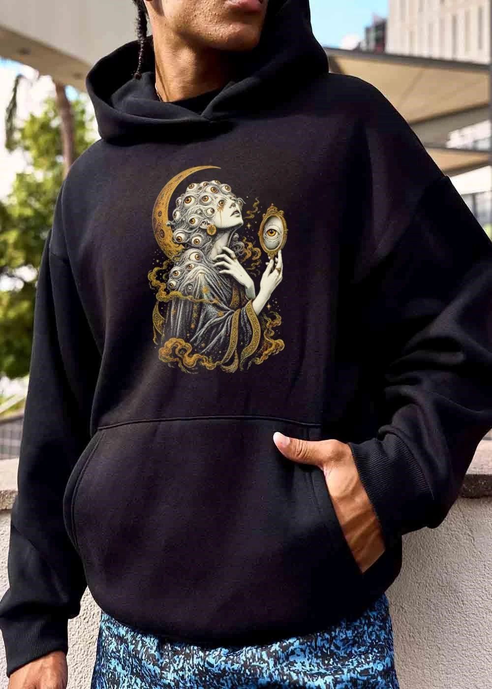 Gothic Surreal Many Eyed Woman Hand Mirror Crescent Moon shirt