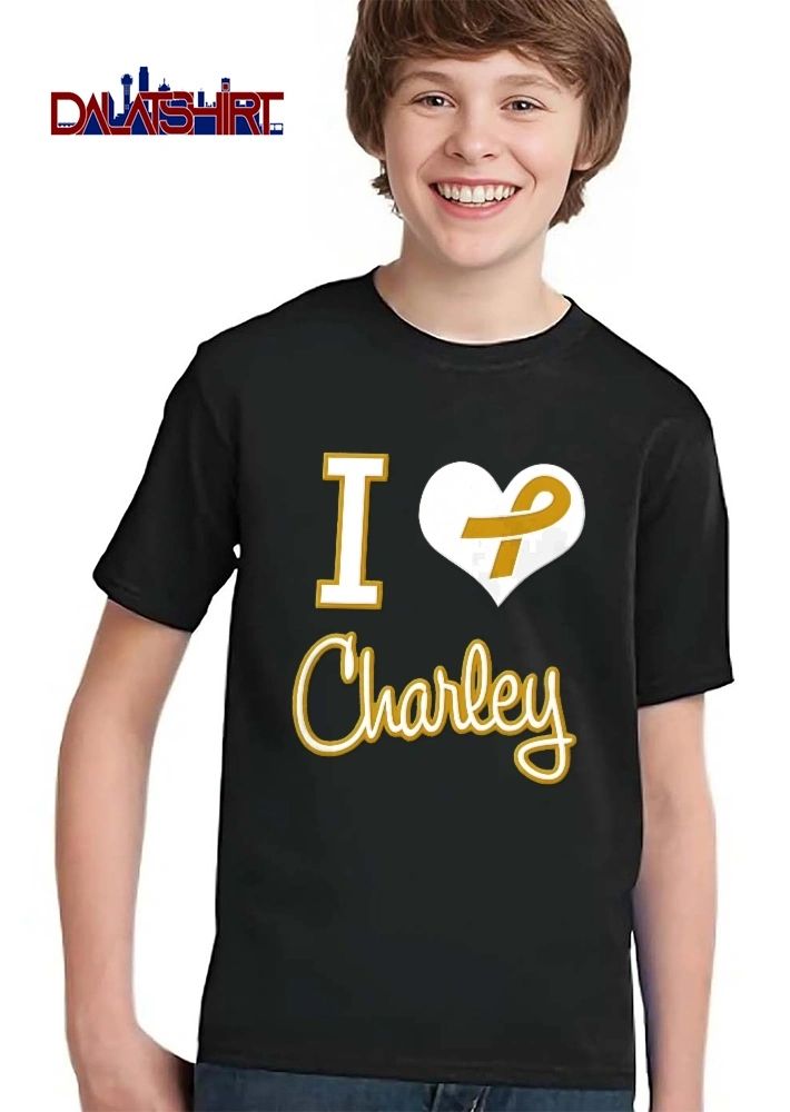 I Love Charley Gold Awareness Ribbon White Heart Script Lettering shirt
