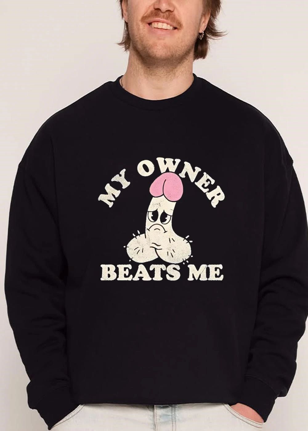 My Owner Beats Me Sad Cartoon Penis Character Halftone Distressed shirt