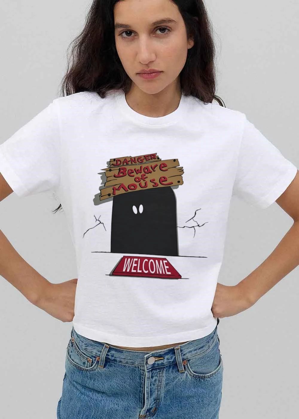 Danger Beware Of Mouse Welcome Cartoon Dark Hole Glowing Eyes Wooden Sign shirt