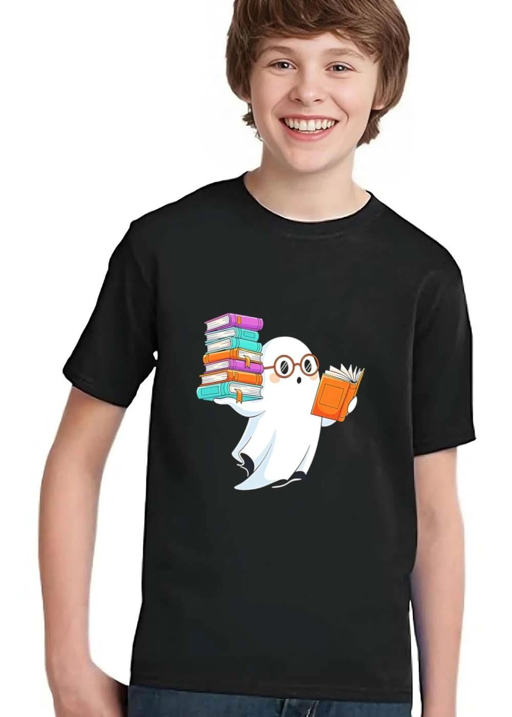 Cute Spooky Cartoon Ghost Wearing Glasses Reading Stacked Books shirt