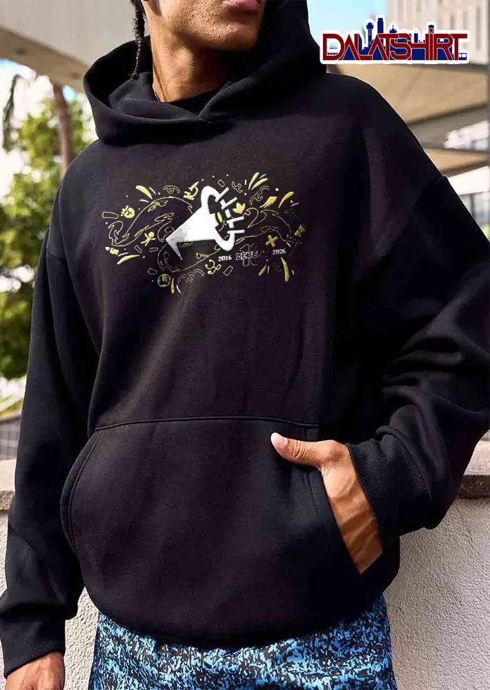 Zevent 2016 2026 10 White Megaphone Logo Gold Doodle Icons shirt