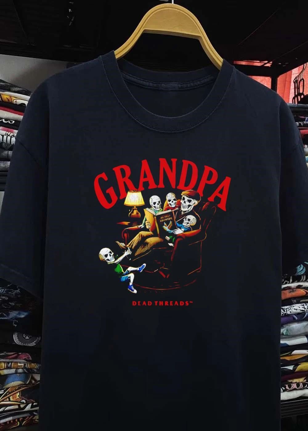 Dead Threads Grandpa Reading My First Adventure Skeleton Family shirt