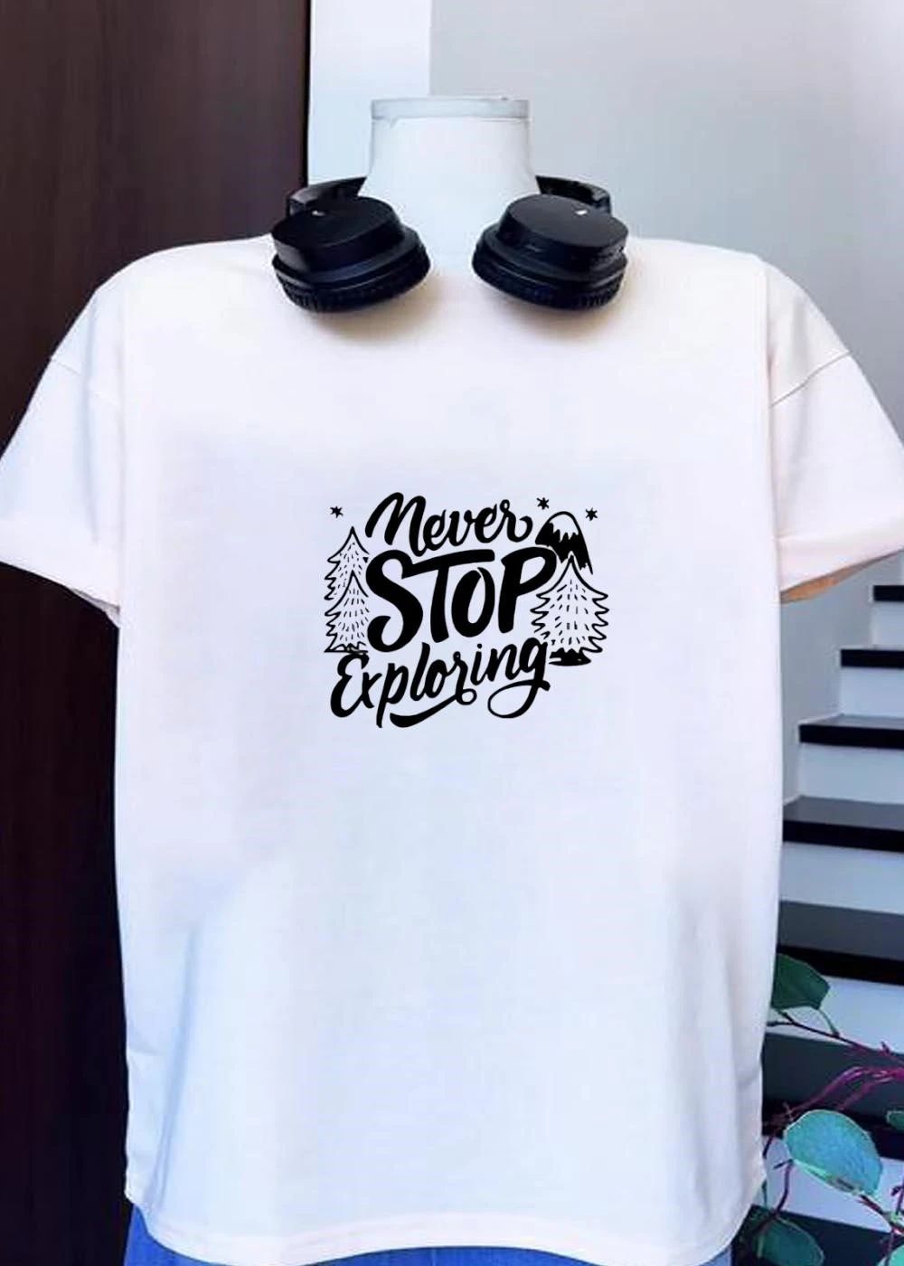 Never Stop Exploring Pine Trees Snowy Mountain Peak Stars Line Art shirt