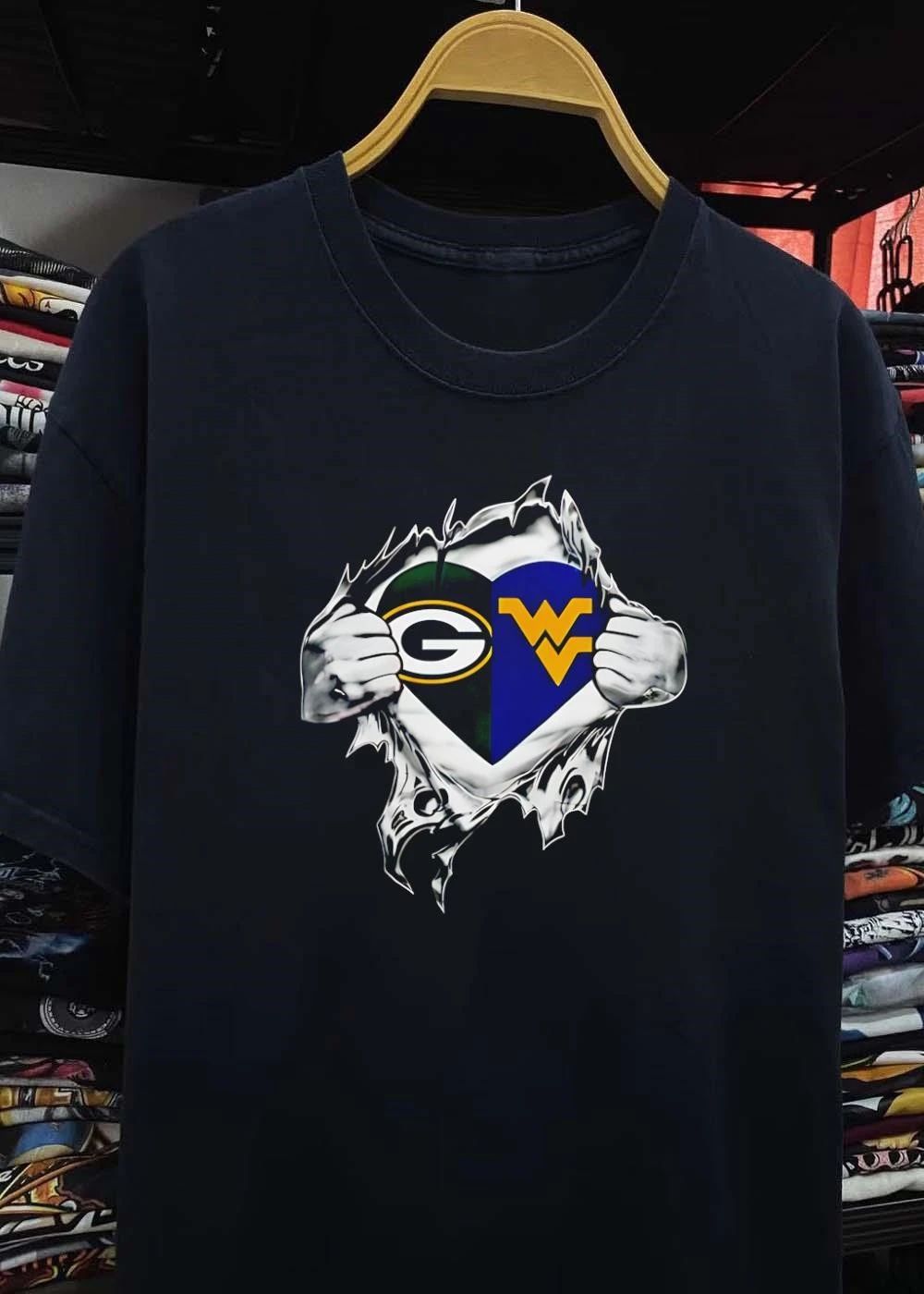Green Bay Packers West Virginia Mountaineers Heart Ripping Chest T-Shirt
