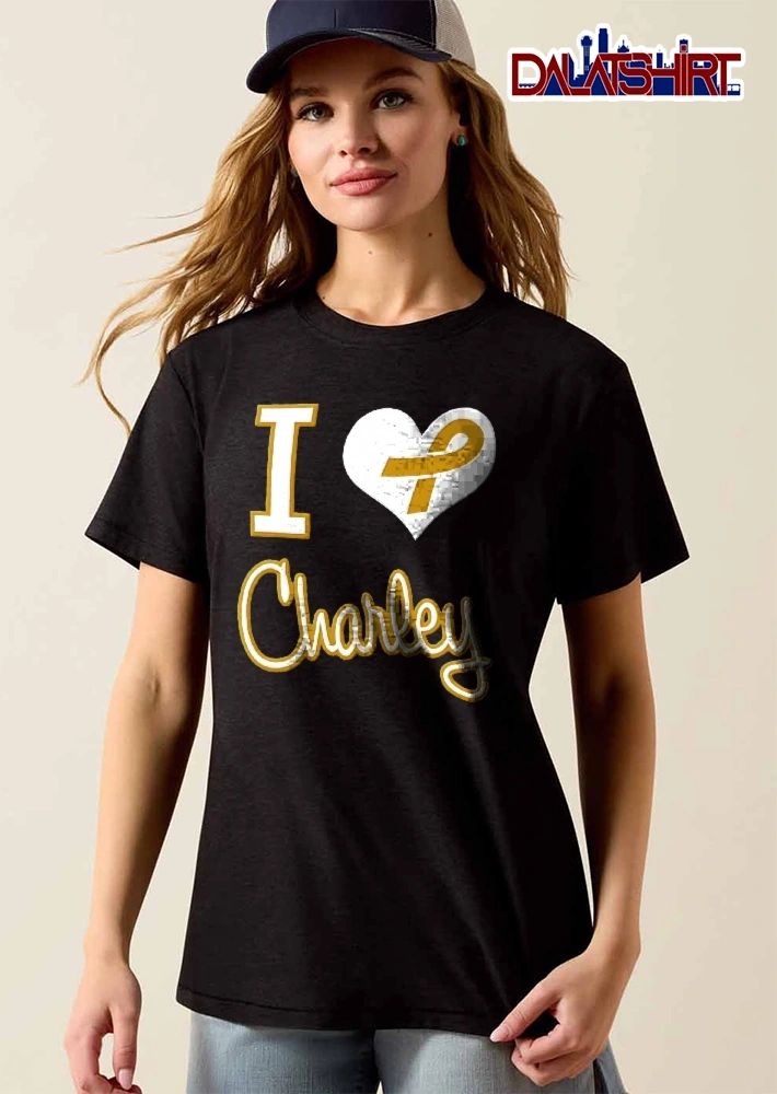 I Love Charley Gold Awareness Ribbon White Heart Script Lettering shirt