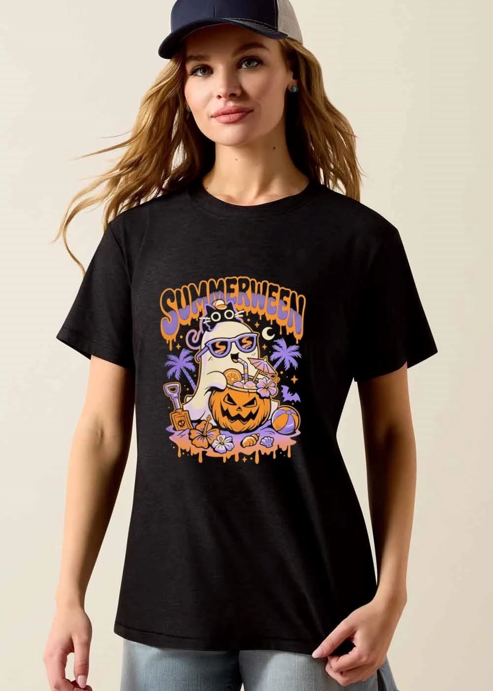 Summerween Cartoon Ghost Sunglasses Drinking Pumpkin Beach shirt