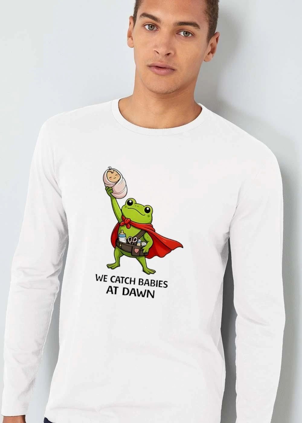 We Catch Babies At Dawn Cartoon Cape Frog Utility Belt Swaddled Infant shirt