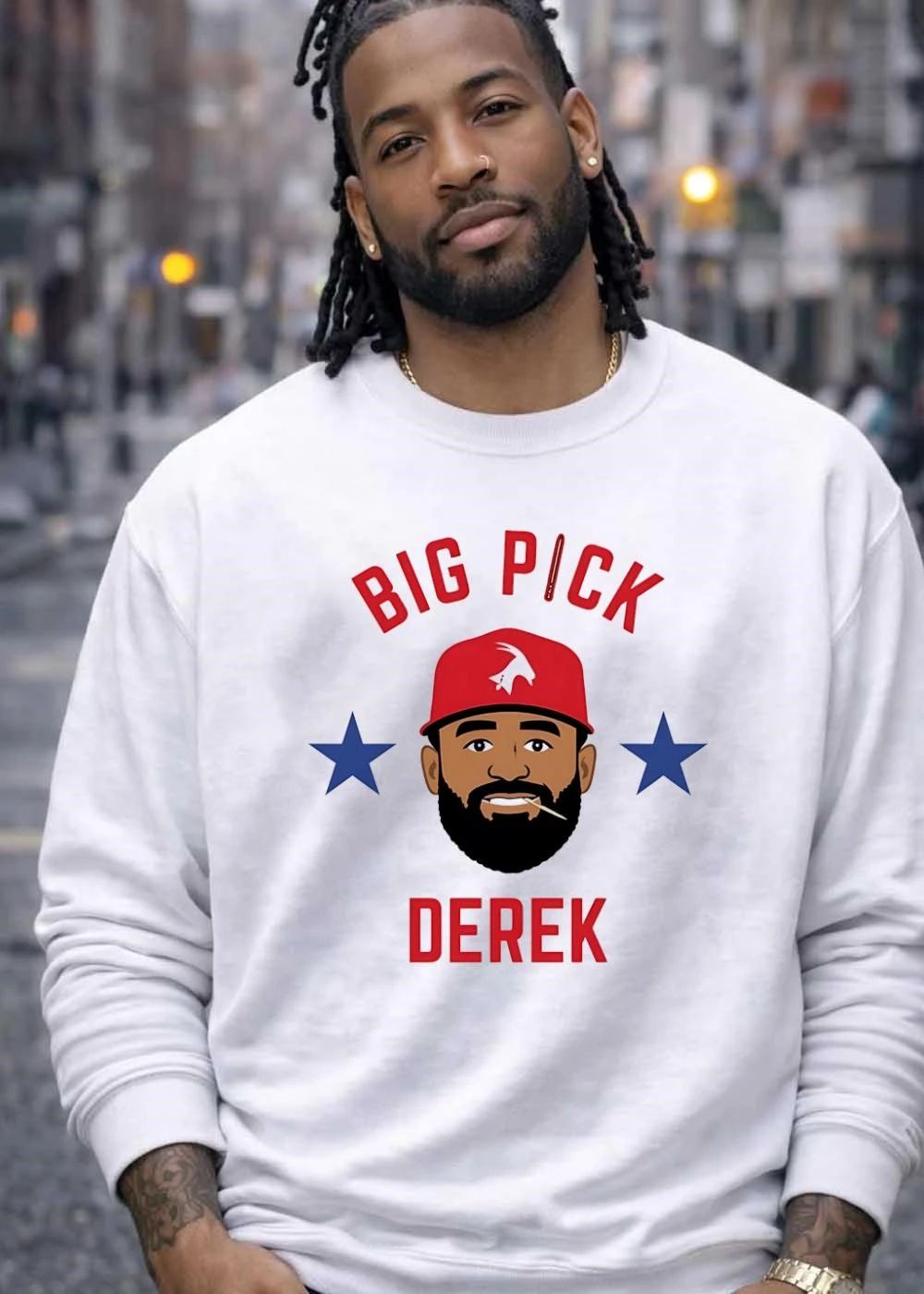 Big Pick Derek Cartoon Caricature Bearded Man Red Goat Hat Toothpick Blue Stars shirt