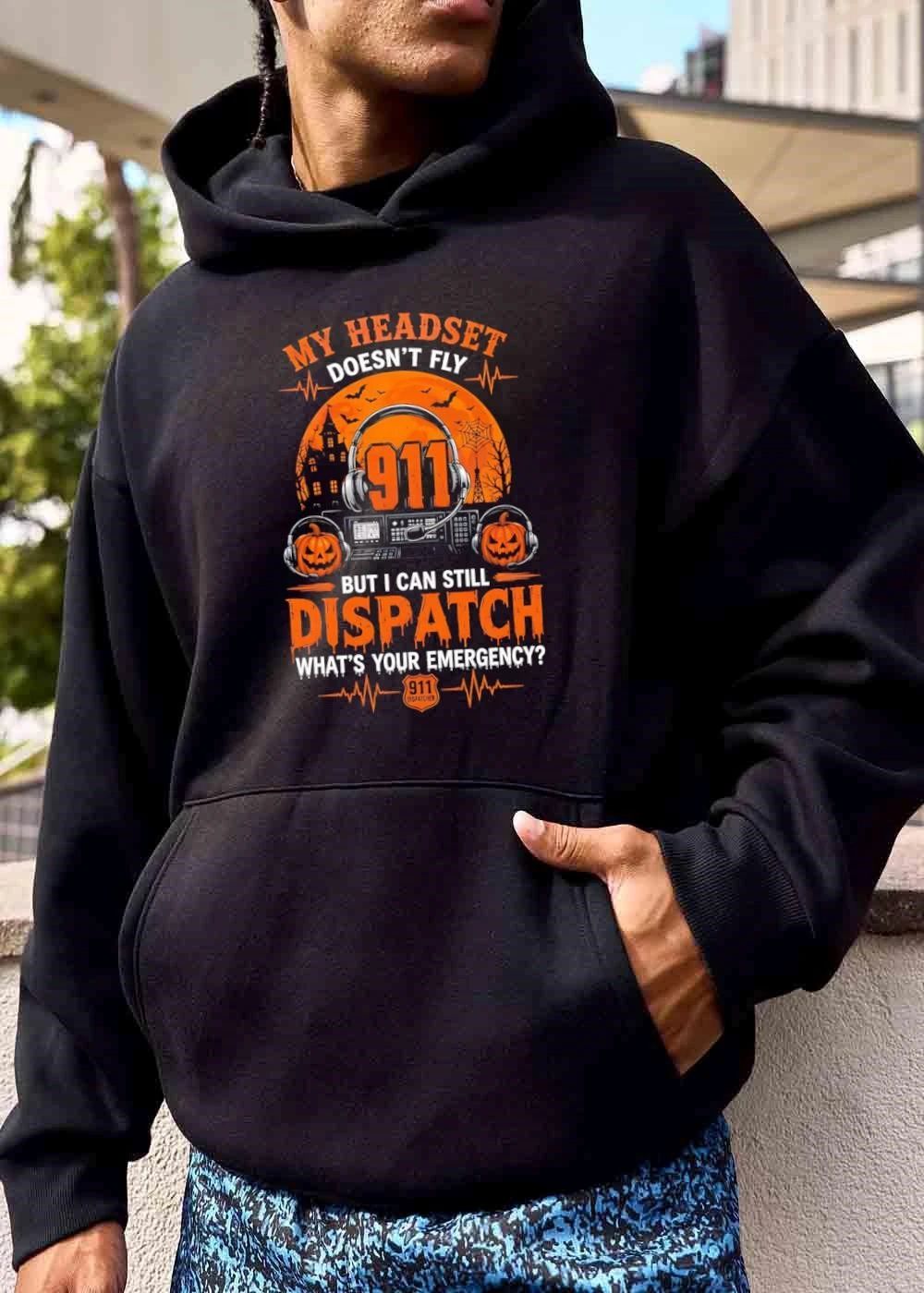 My Headset Doesnt Fly But I Can Still Dispatch Whats Your Emergency 911 Orange Halloween Moon Jack O Lanterns shirt