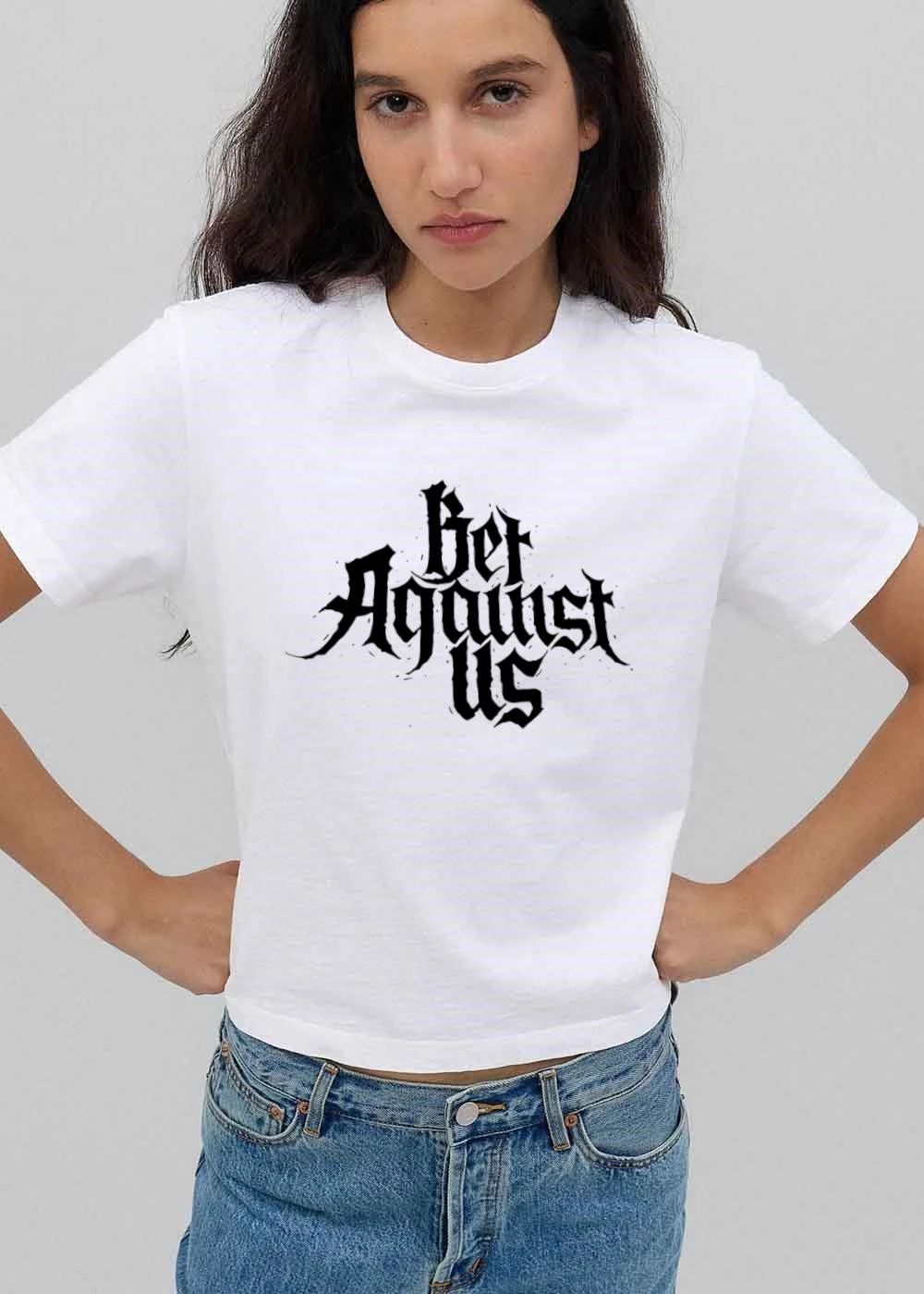 Bet Against US Black Gothic Lettering Spiky Calligraphy Splatter Typography shirt