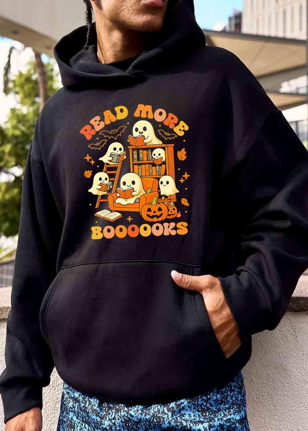 Read More Booooooks Cartoon Ghosts Reading Armchair Bookshelf Pumpkin shirt