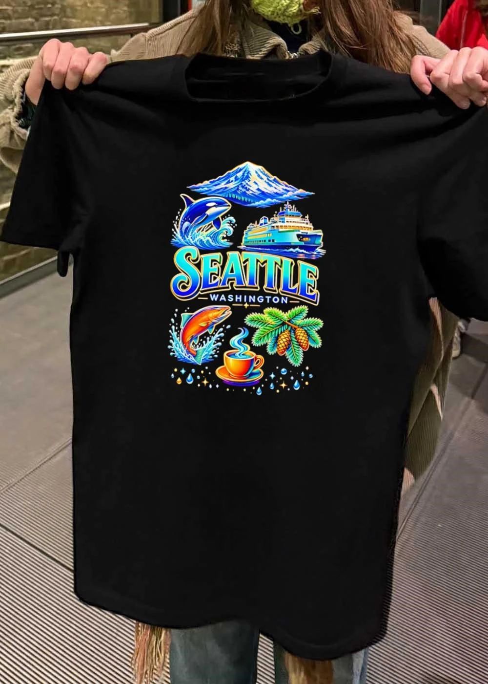 Seattle Washington Orca Ferry Salmon Coffee Pine Cone Mount Rainier shirt