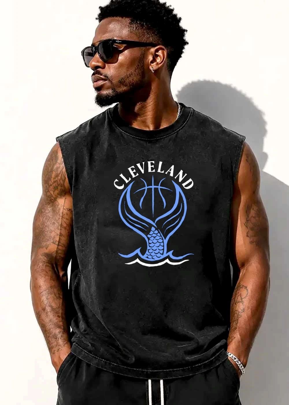 Cleveland Basketball Mermaid Tail Ocean Waves Blue Line Art shirt