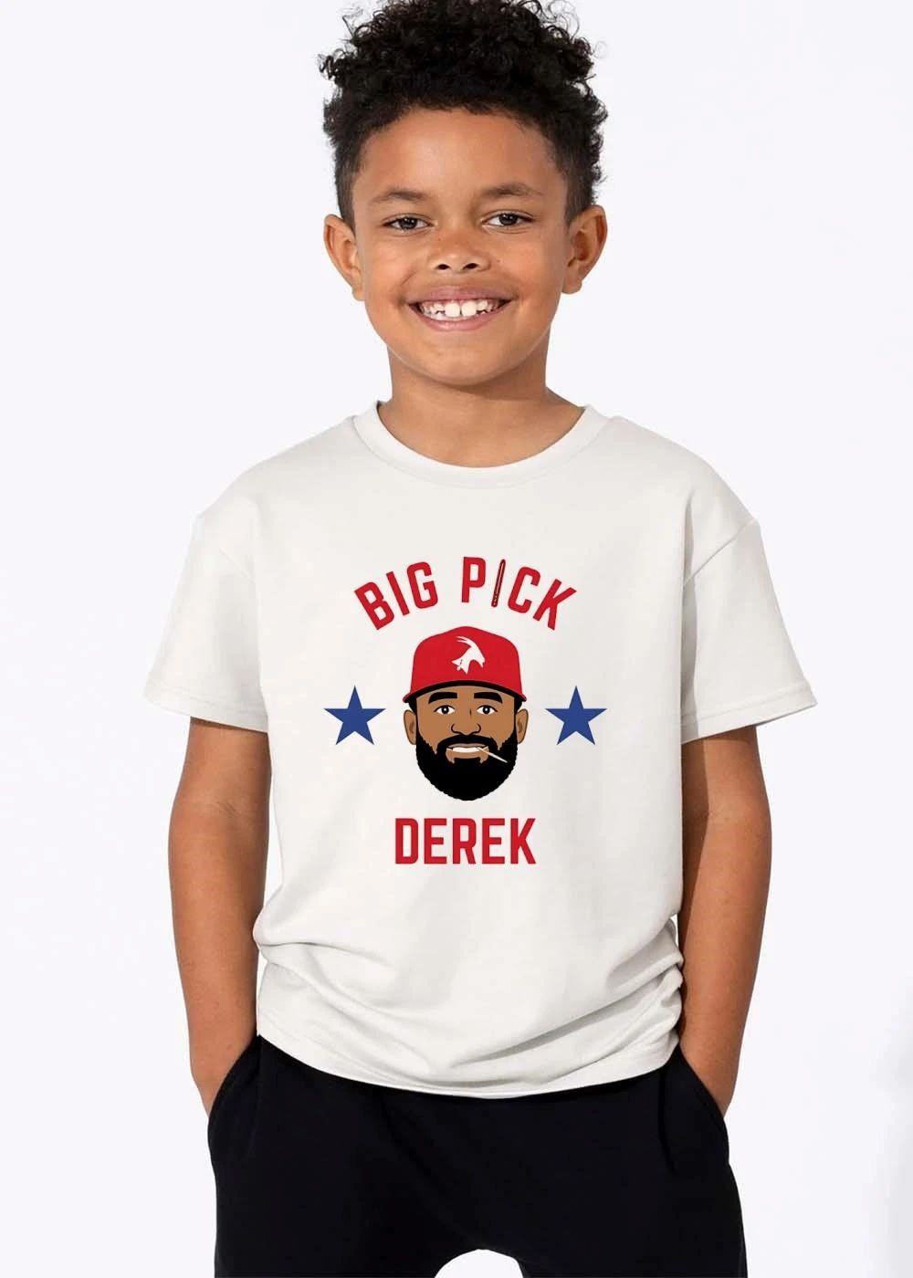 Big Pick Derek Cartoon Caricature Bearded Man Red Goat Hat Toothpick Blue Stars shirt