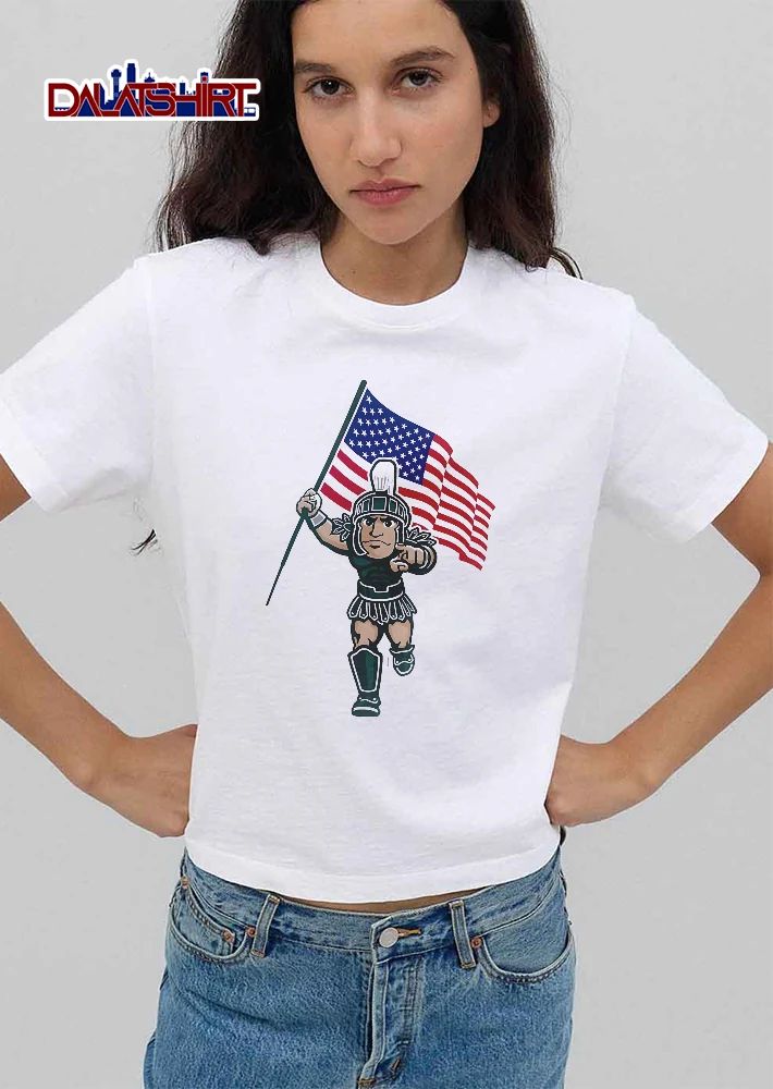 Michigan State Spartans NCAA Cartoon Sparty Mascot Holding American Flag Pointing shirt