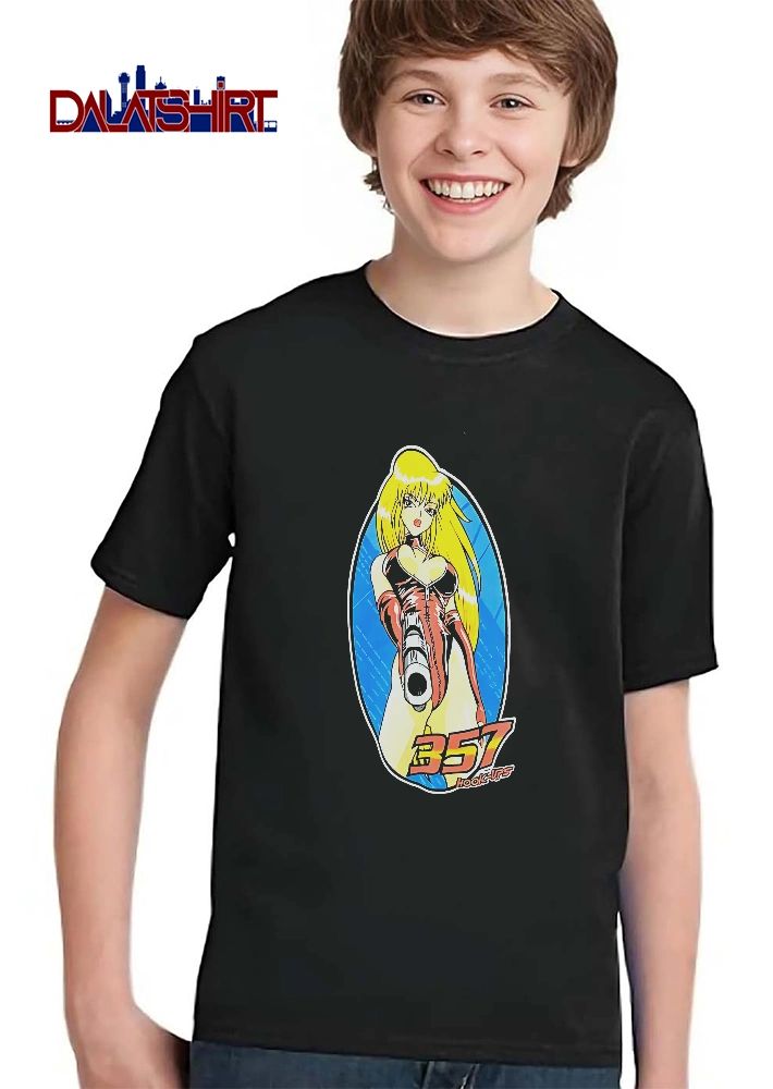 Hook Ups 357 Cartoon Girl Blonde Hair Pointing Gun Blue Oval Frame shirt