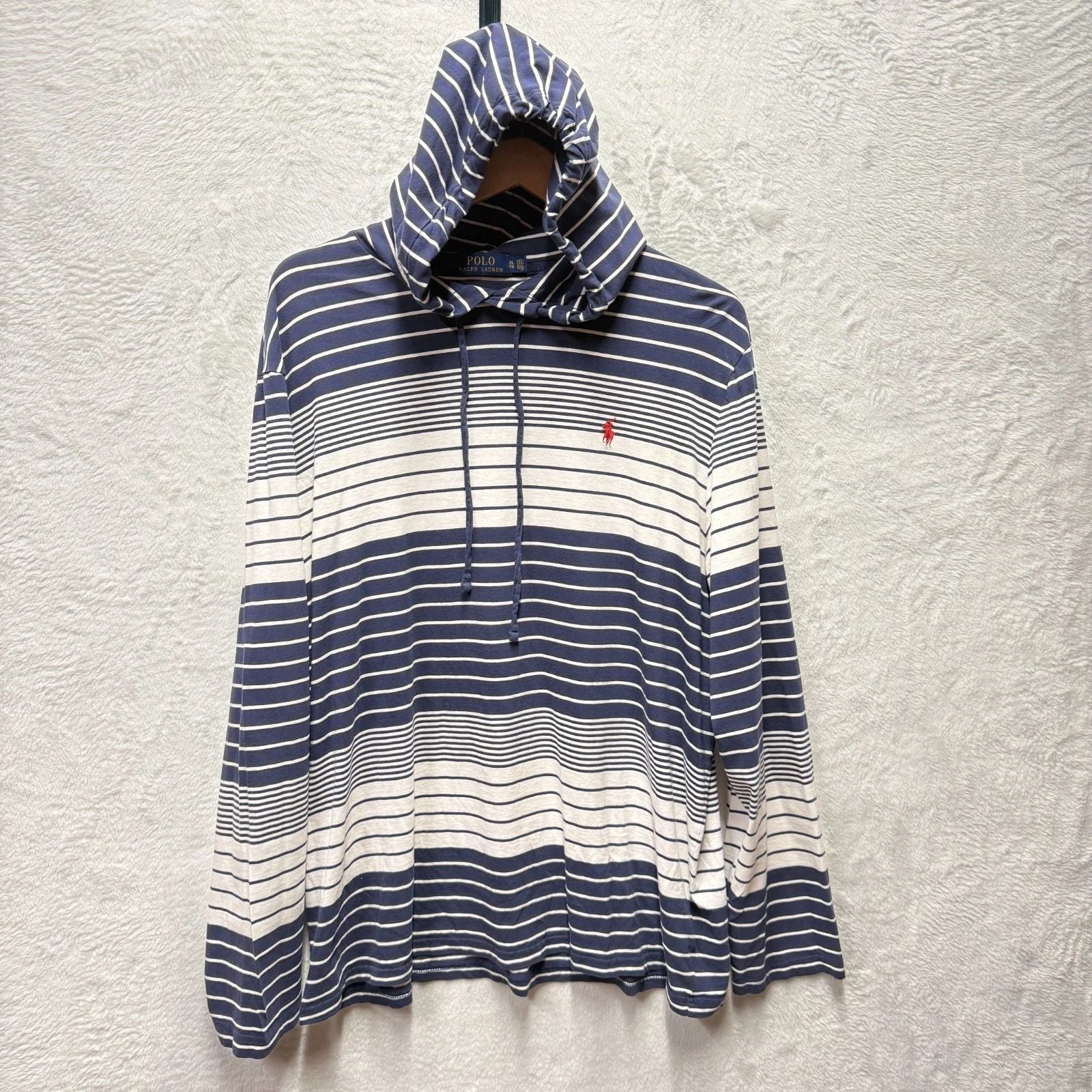 Polo Ralph Lauren Hooded T-Shirt Mens XL Navy Blue Striped Pony Logo Long Sleeve