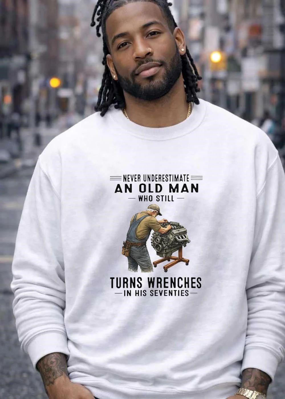 Old Man Working on Engine Never Underestimate an Old Man Who Still Turns Wrenches in His Seventies T-Shirt