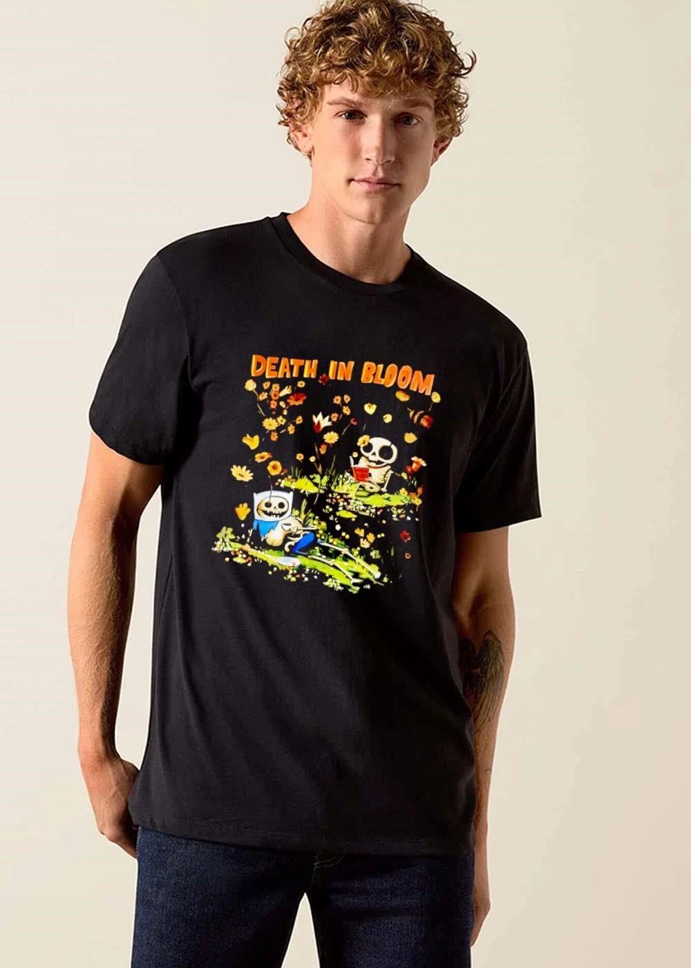 Death In Bloom Cartoon Skeleton Characters Reading Flower Garden shirt