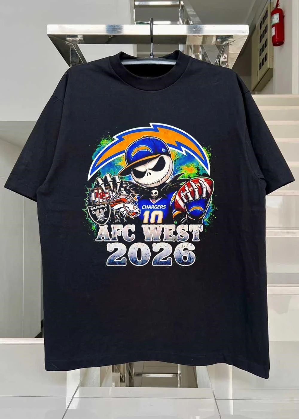 Jack Skellington Holding Football and Cage AFC WEST 2026 Chargers Shirt