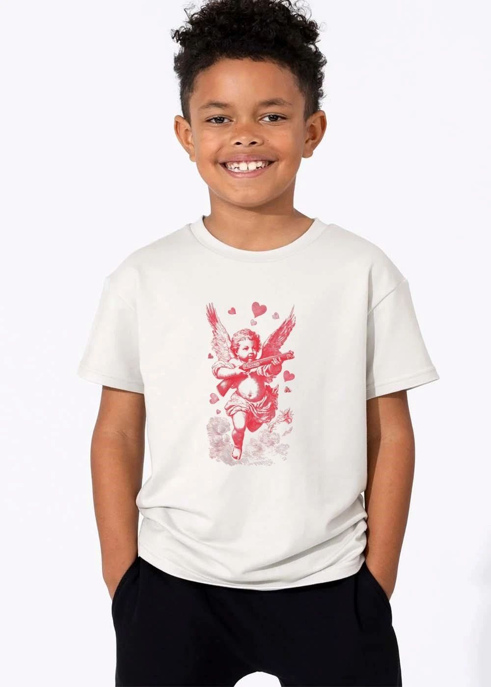 Red Pink Vintage Line Art Cherub Cupid Holding Shotgun Hearts Clouds shirt