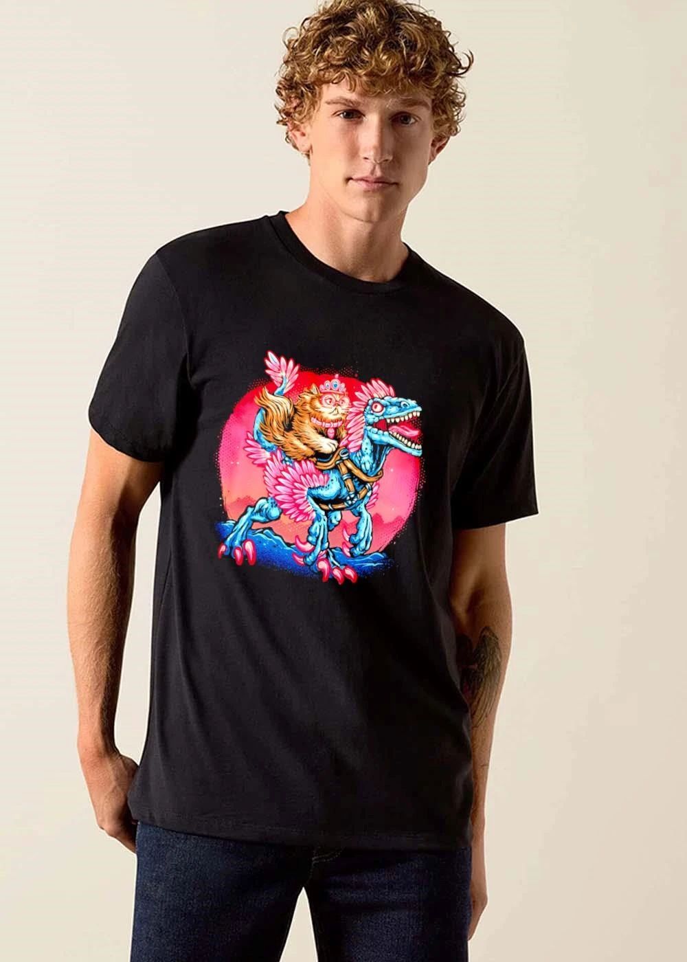 Cartoon Fluffy Cat Wearing Tiara Riding Feathered Velociraptor shirt