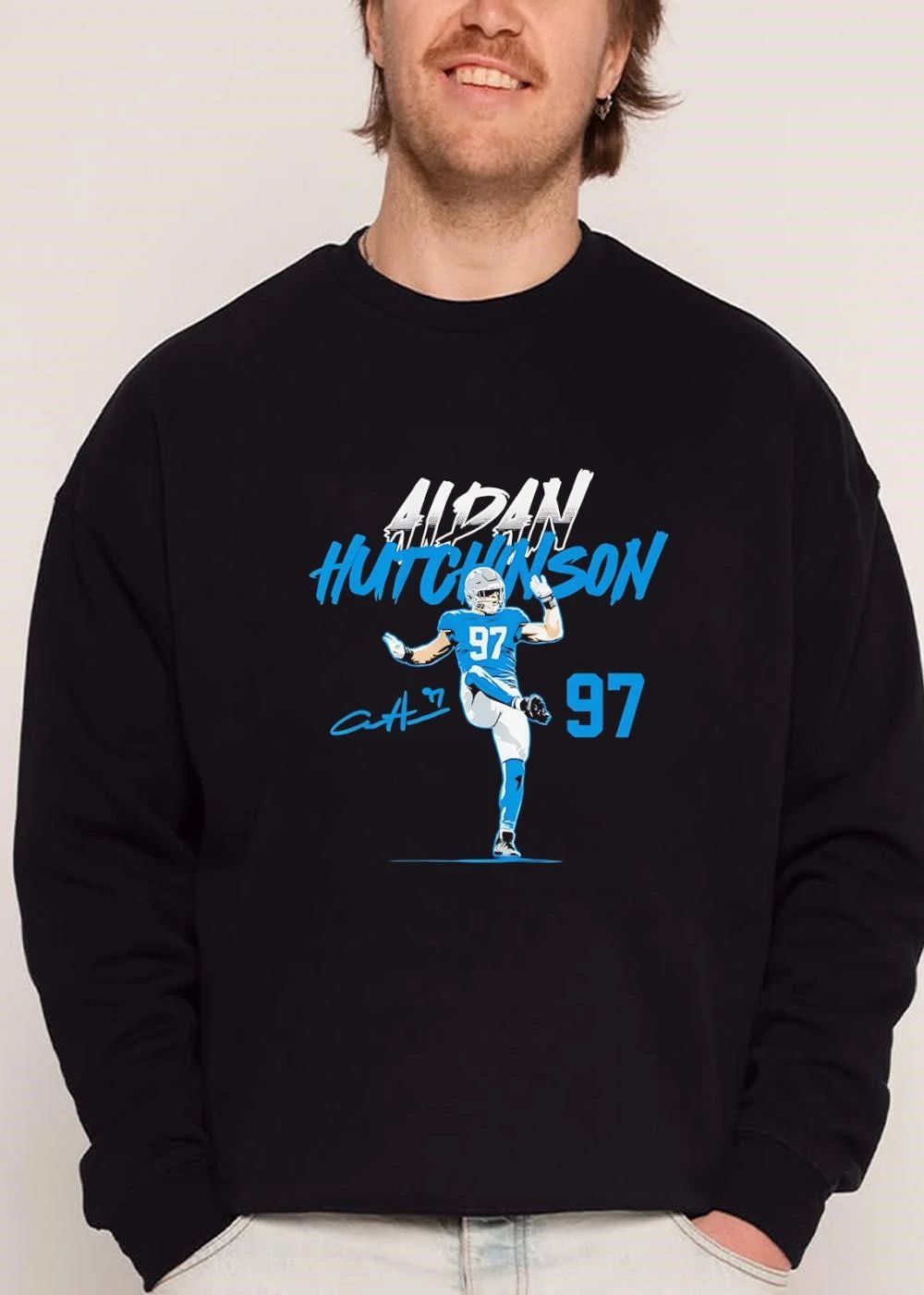 Aidan Hutchinson Signature High Kick Action Pose Jersey 97 Illustration shirt