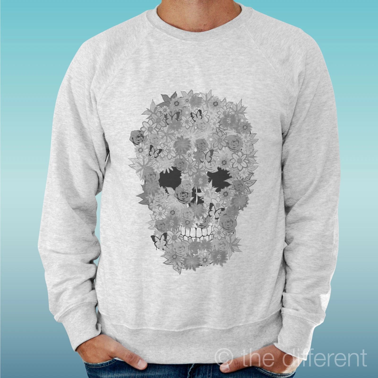 Felpa Man Light Sweater Light Grey " Skull Flowers "