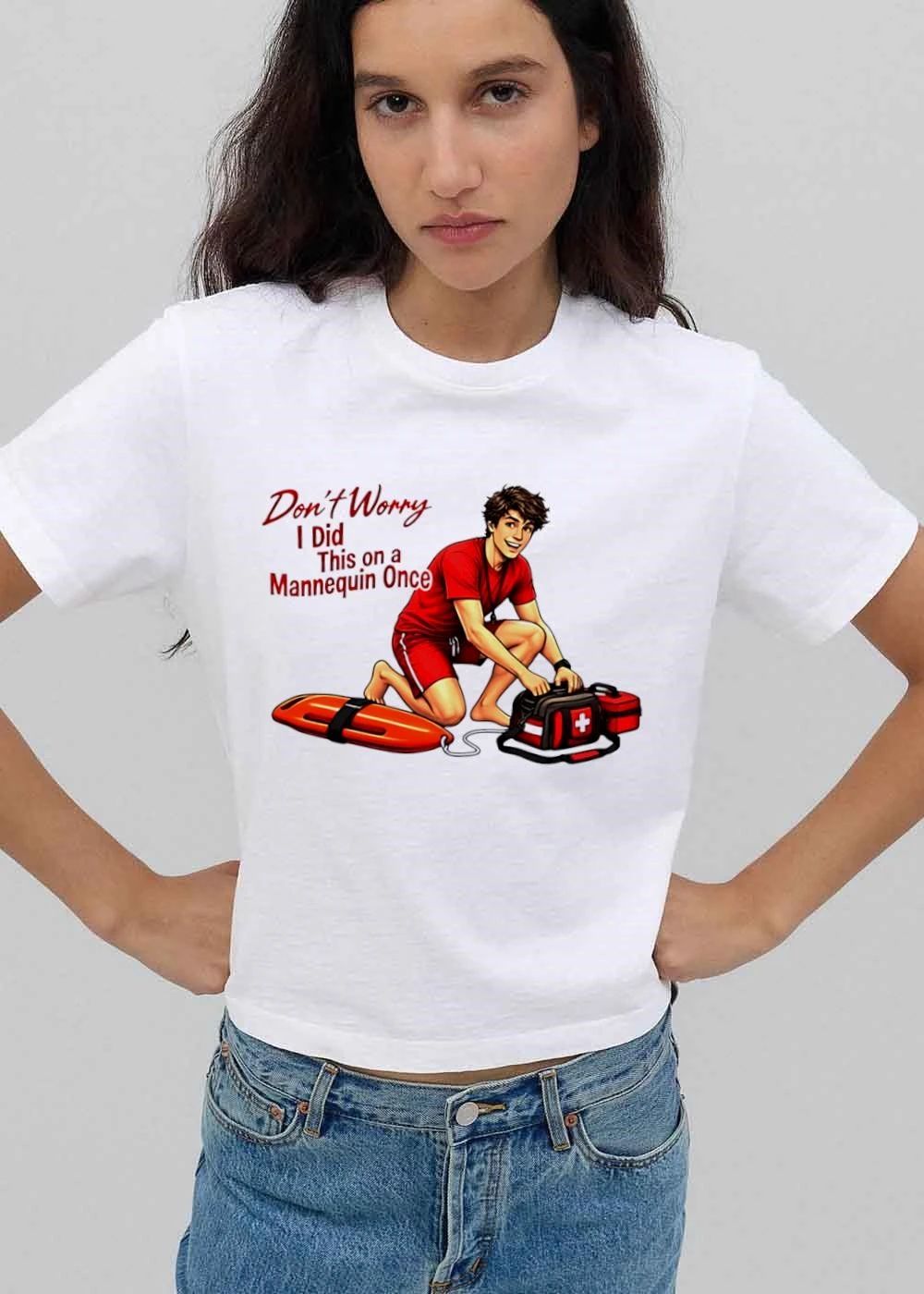 Dont Worry I Did This On A Mannequin Once Cartoon Lifeguard Kneeling First Aid Bag shirt