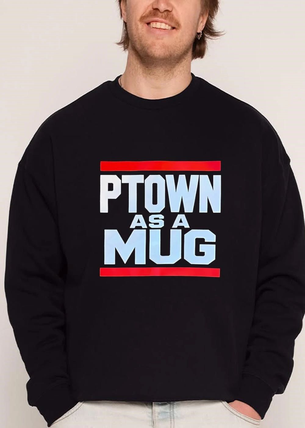 Ptown As A Mug Red Horizontal Bars White Varsity Block Lettering shirt