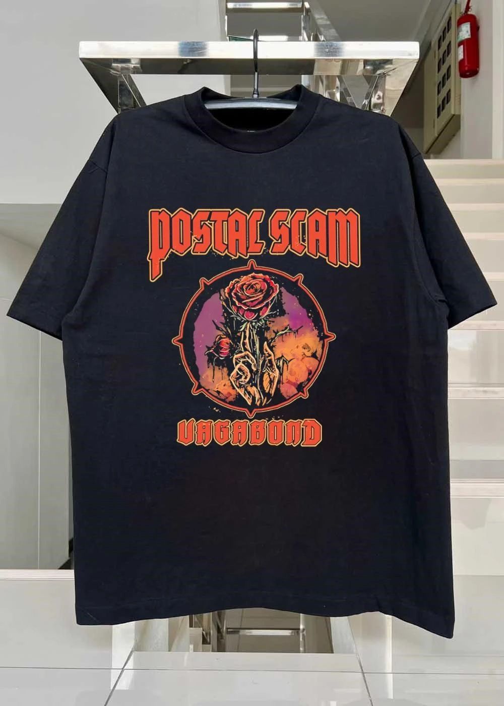 Postal Scam Vagabond Rose Skull Skeleton Hand Heavy Metal Style shirt