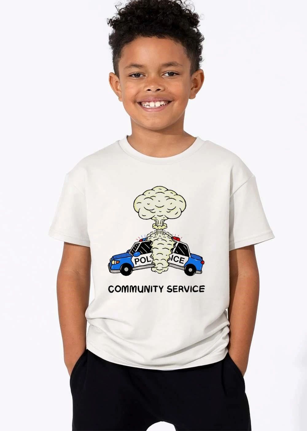 Community Service Cartoon Police Car Exploding Mushroom Cloud shirt