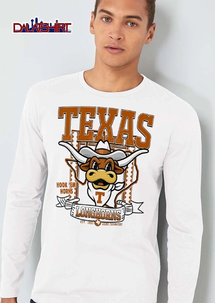 Texas Longhorns NCAA Hook Em Horns Game Changers Est 1883 Cartoon Mascot State Map Outline shirt