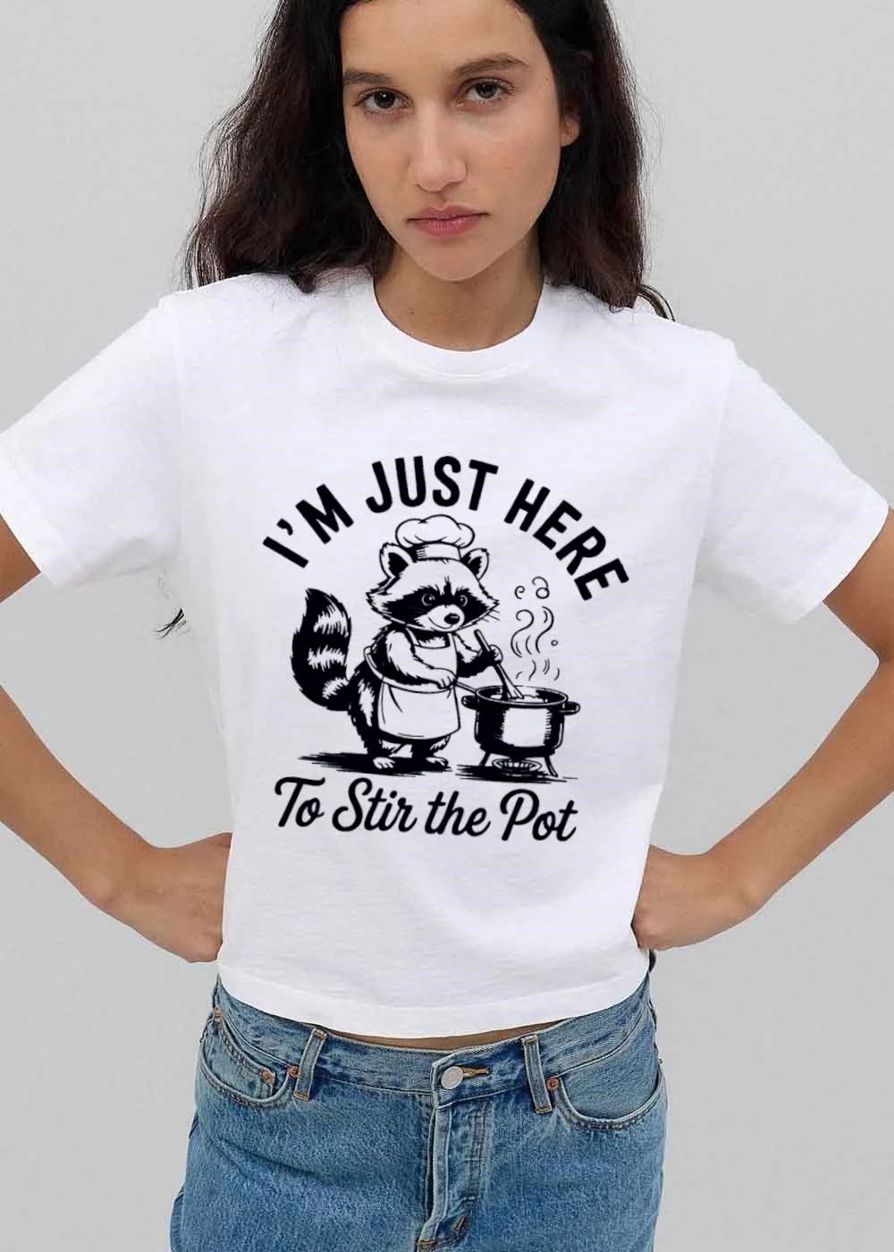 Im Just Here To Stir The Pot Cartoon Raccoon Chef Cooking Stew shirt