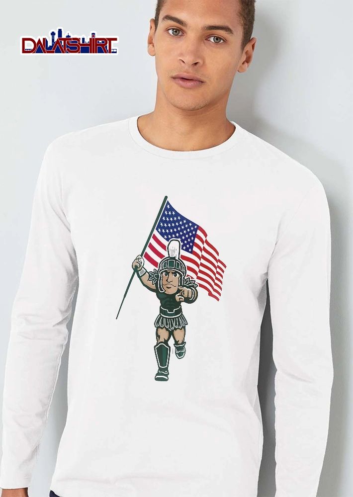 Michigan State Spartans NCAA Cartoon Sparty Mascot Holding American Flag Pointing shirt