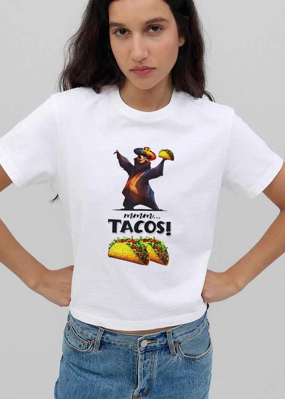 Mmm Tacos Cartoon Bear Wearing Colorful Sombrero Holding Food shirt
