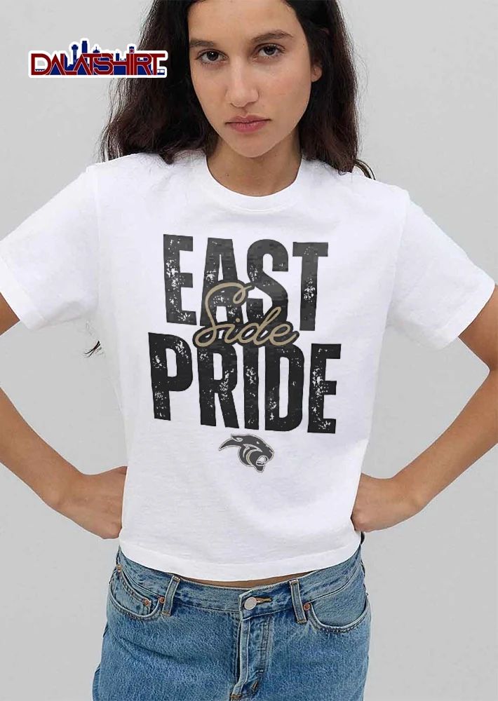 East Side Pride Panther Head Profile Distressed Block Letters Script Overlay shirt