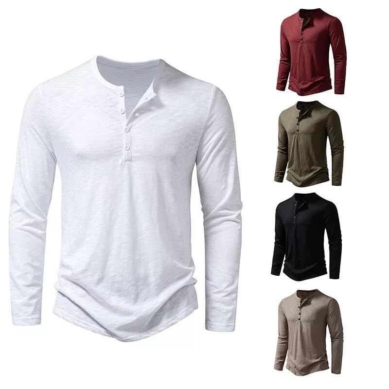 Mens Summer Solid Button V Neck T Shirts Henley Casual Long Sleeve Slim Tops