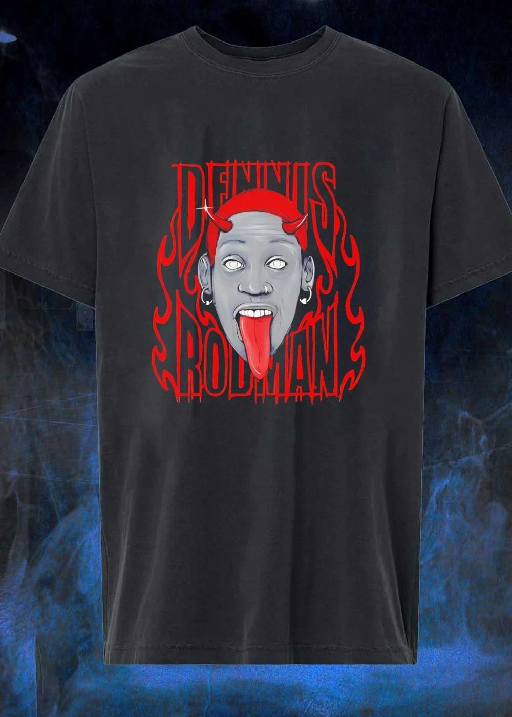 Dennis Rodman Head With Red Horns and Fire Flame Graphic shirt