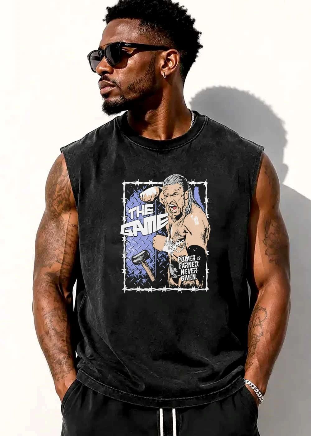 The Game Power Is Earned Never Given Triple H Screaming Wrestler Sledgehammer Barbed Wire Frame shirt