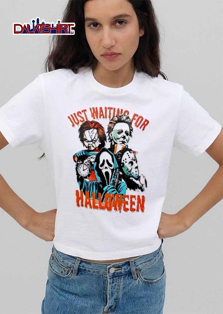 Just Waiting For Halloween Horror Slashers Holding Alarm Clock Cartoon shirt