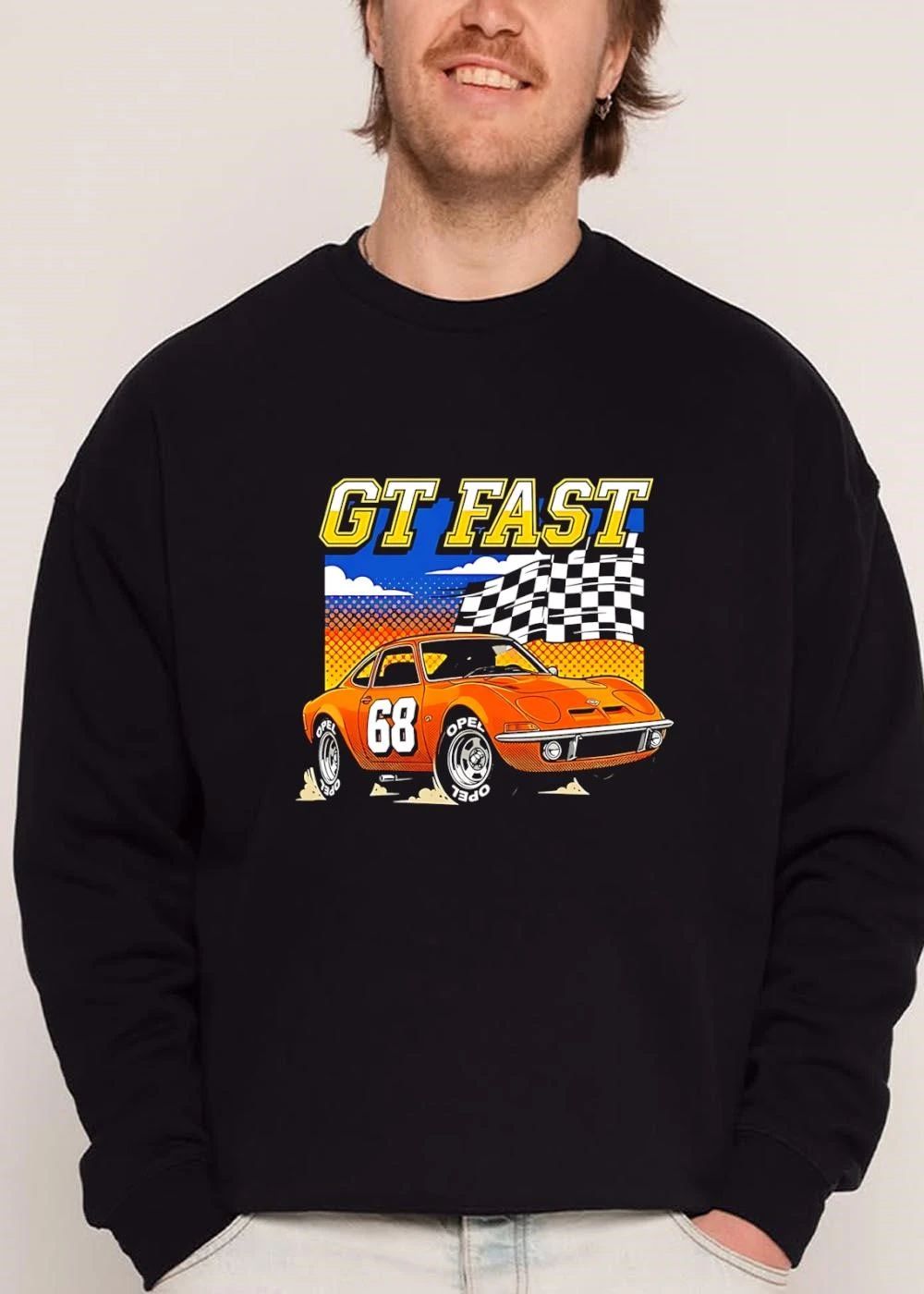 Opel Gt Fast Orange Race Car Checkered Flag Halftone Cartoon shirt