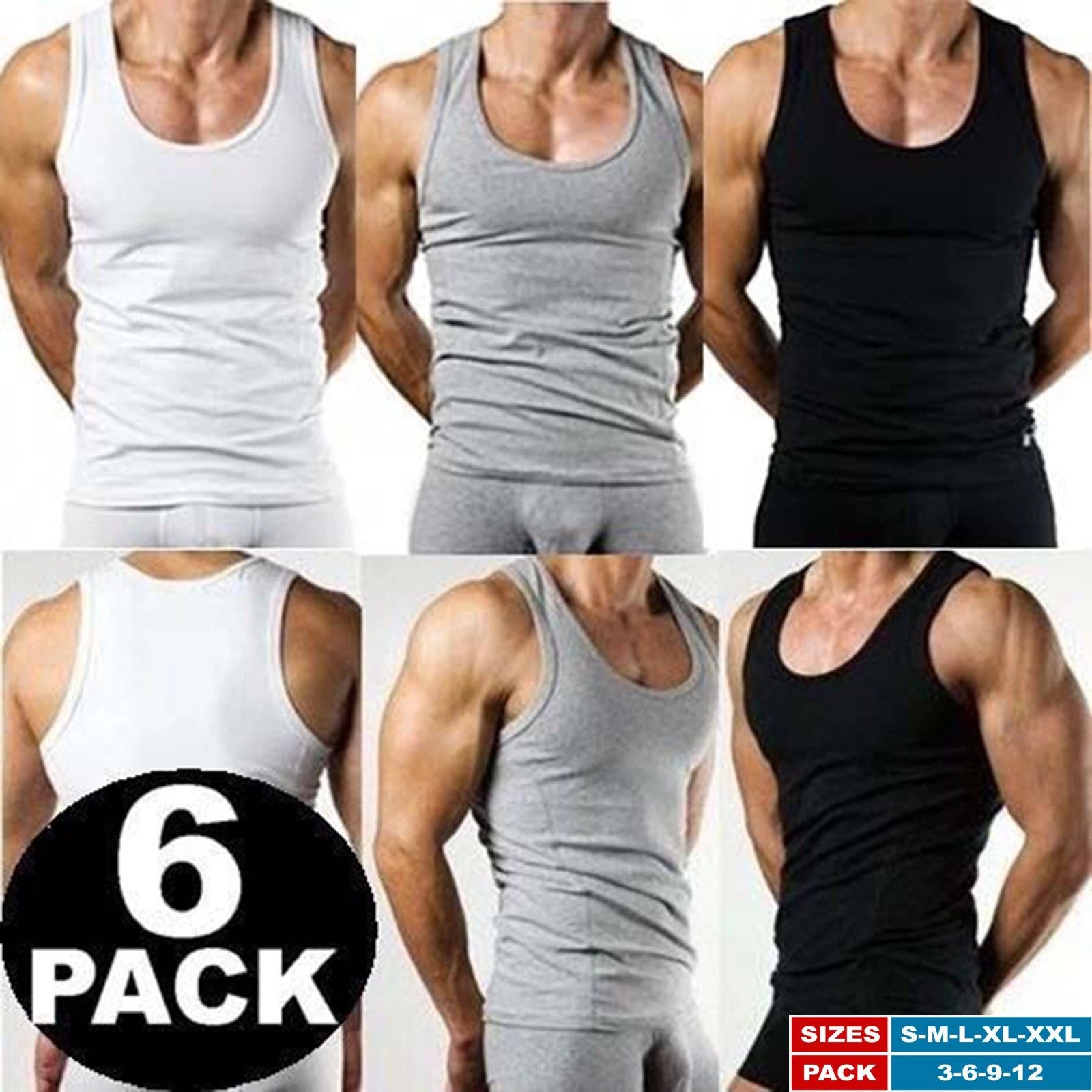100% Pure Cotton Mens Boys 6 Pack Vests Gym Top Summer Training S M L XL 2XL