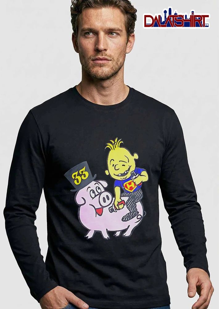 33 Cartoon Boy Yellow Hair Riding Pink Pig Black Top Hat shirt