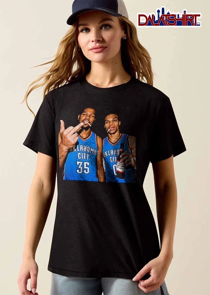 Oklahoma City 35 and 0 Kevin Durant and Russell Westbrook cigarette beer middle finger shirt